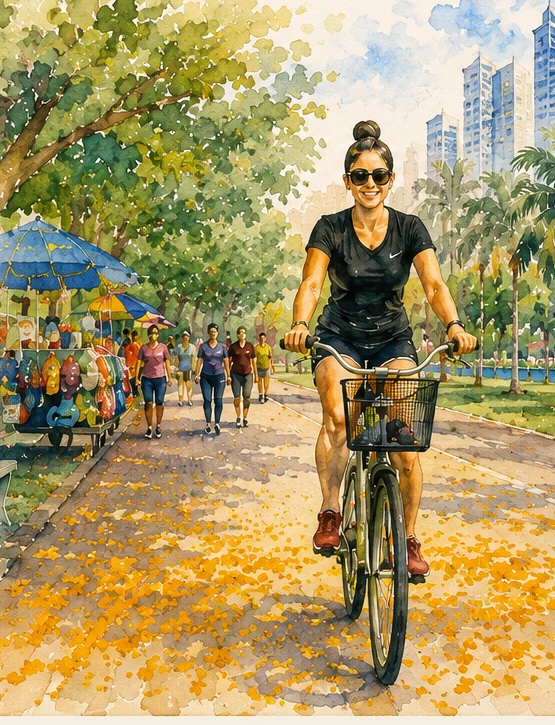 Watercolor artwork inspired by Heather riding a bicycle in Panama City