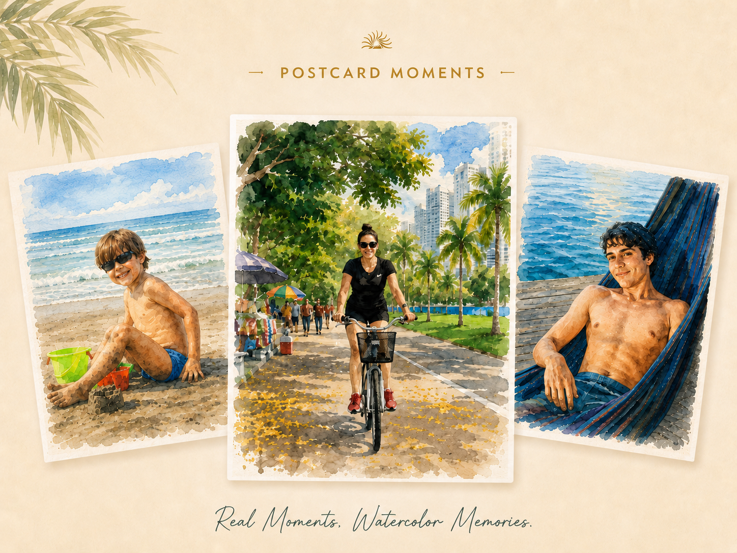 Postcard Moments watercolor artwork with Heather and family scenes